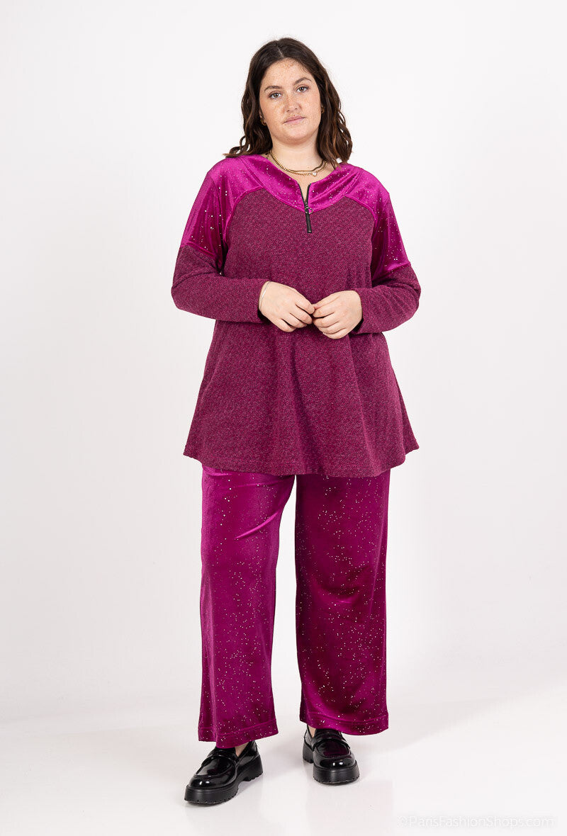 Plus Size Bi-material Tröjor med Paljetter och Dragkedja