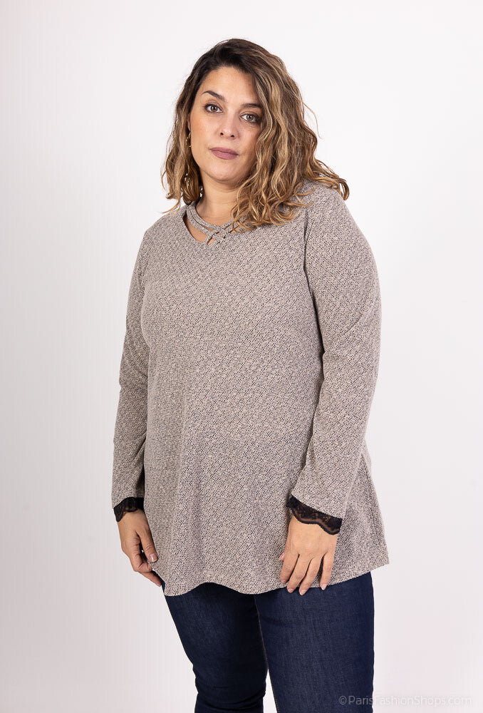 Plus Size Korshalsad Tröja med Spetsärmar