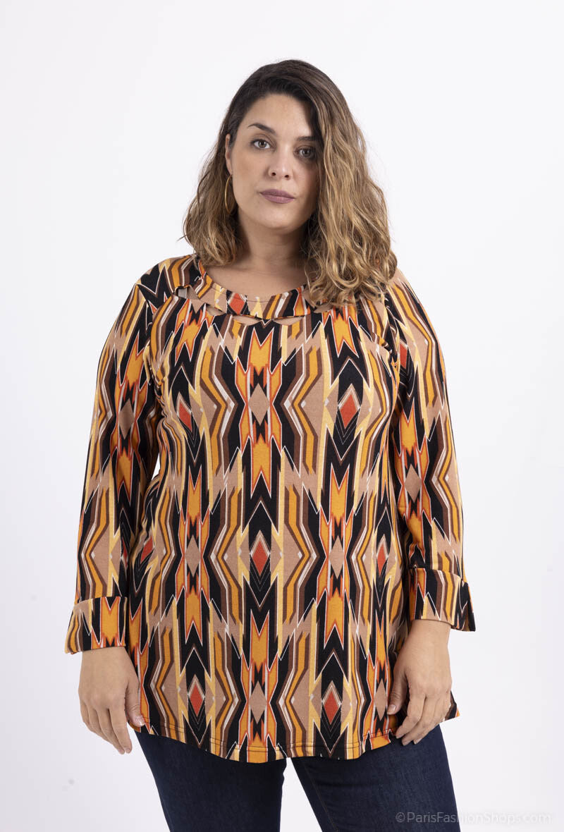 Plus Size Sweater med Öppen Krage i Mönster