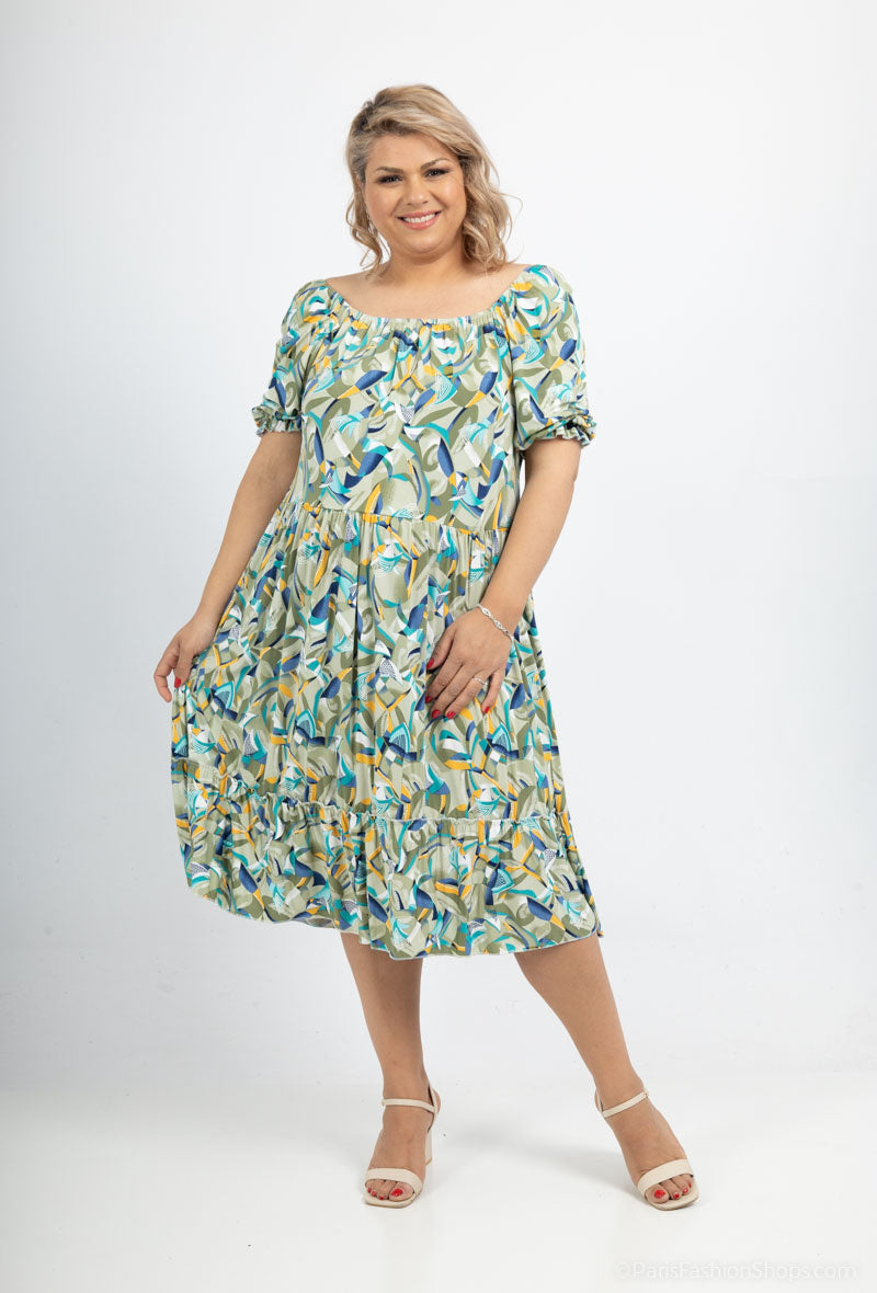 Plus Size Ruffled print dress with puff sleeves