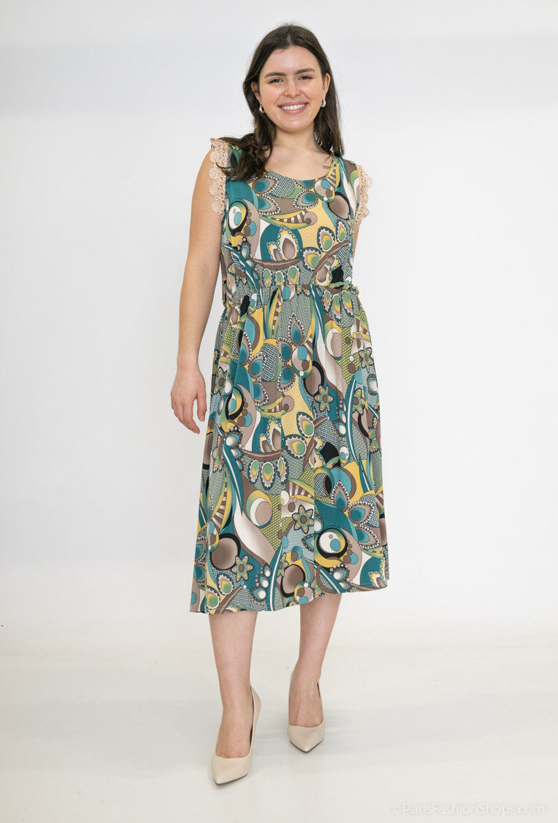 Bow Backless Lace Print Dress i Stor Storlek