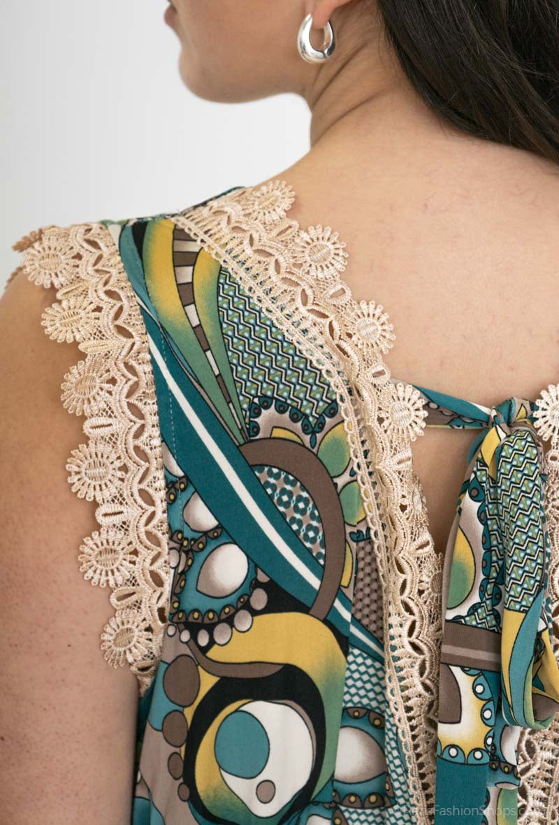 Bow Backless Lace Print Dress i Stor Storlek