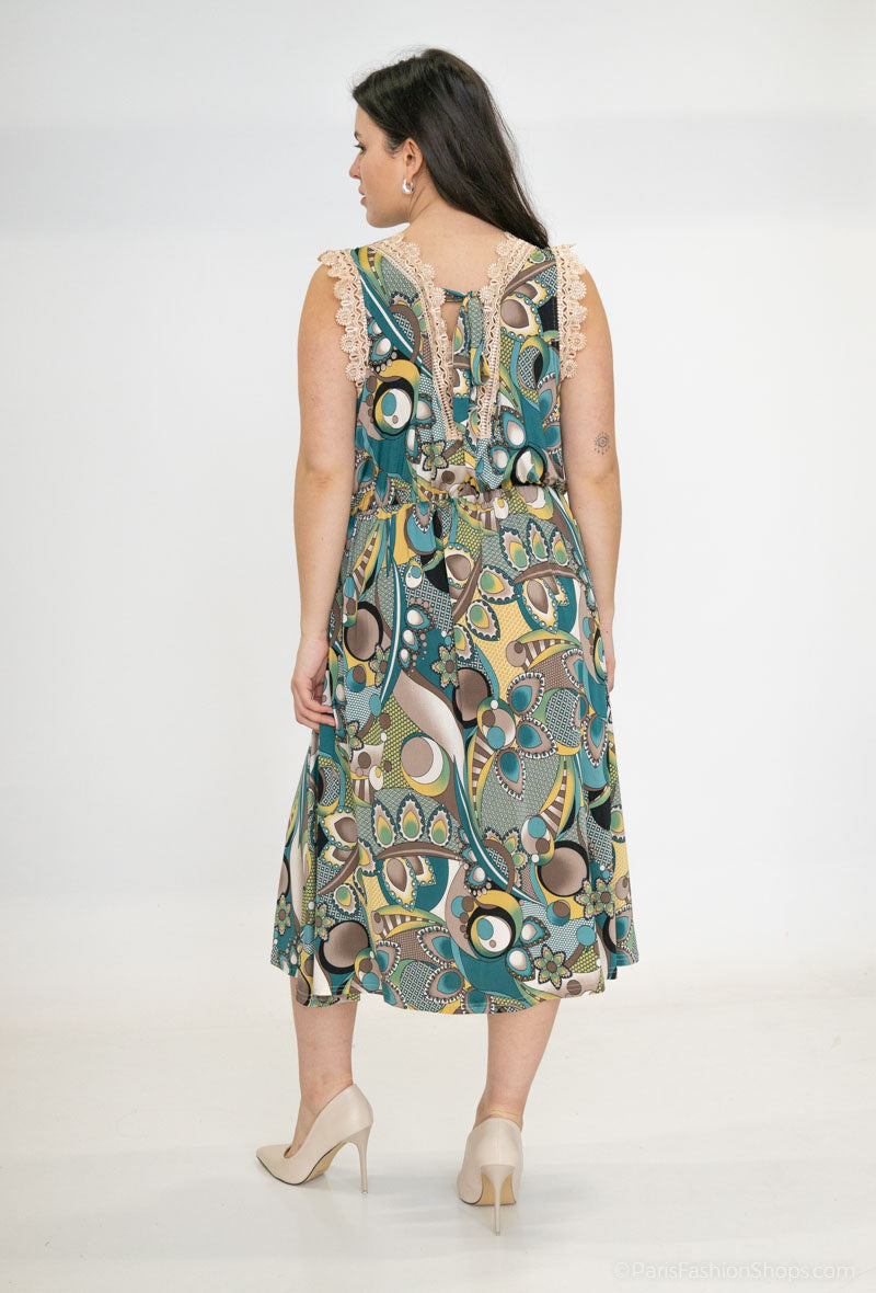 Bow Backless Lace Print Dress i Stor Storlek