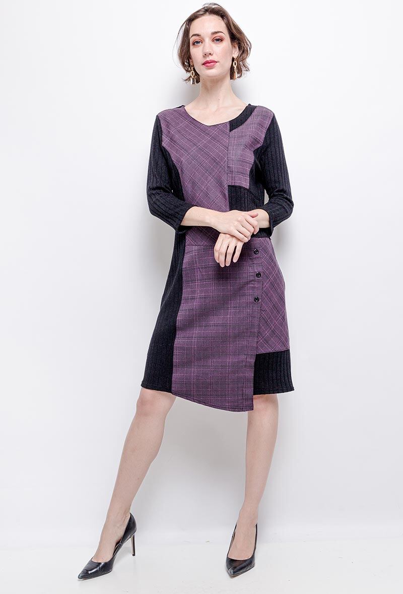 Plus Size Check Bi-Material Dress