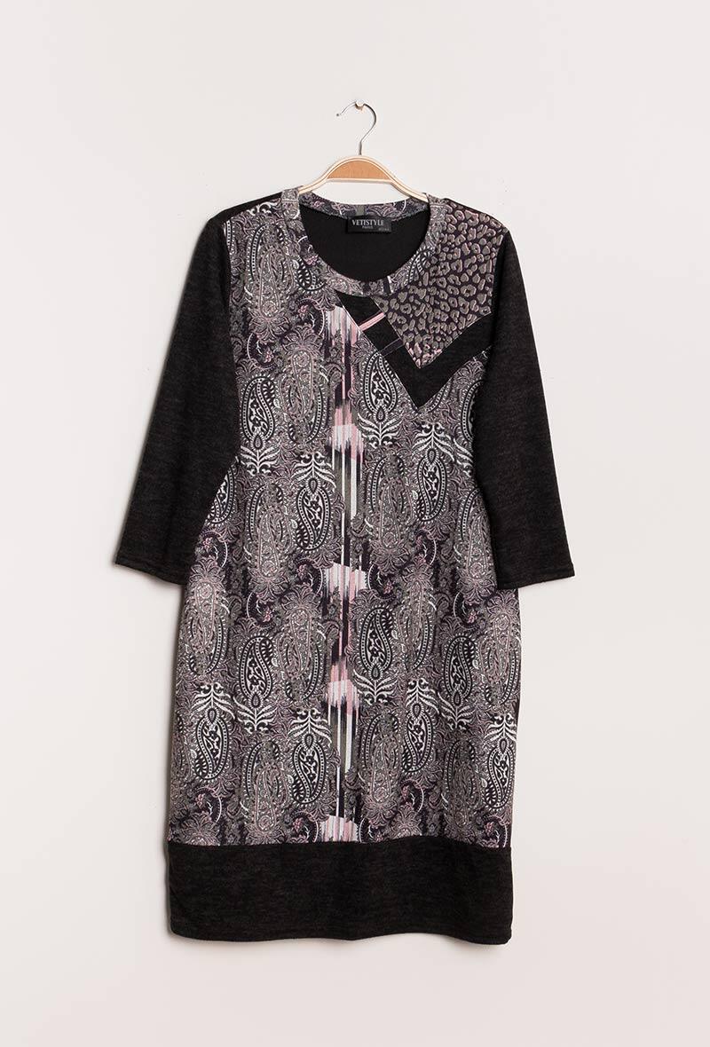 Bi-material klänning med tryck i stor storlek