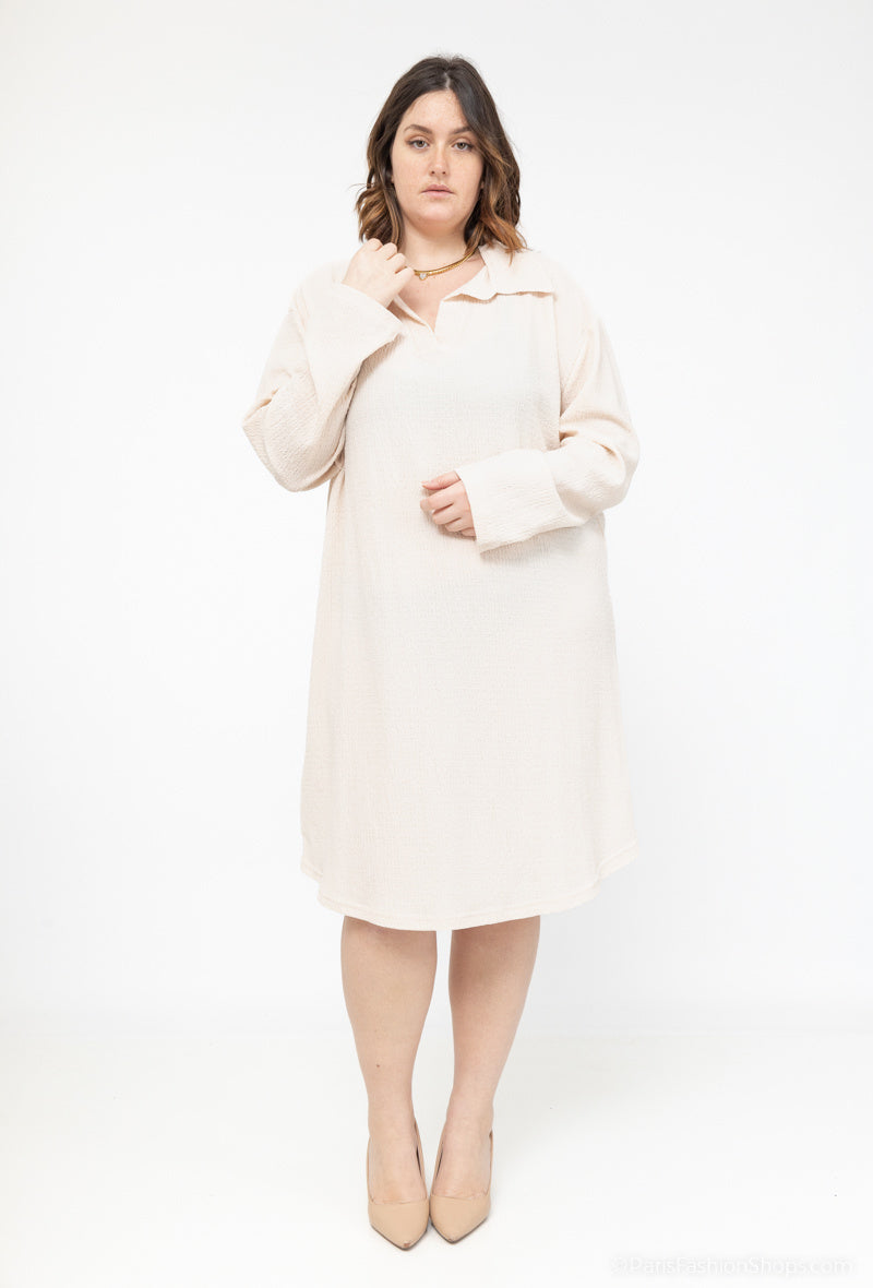 Plus Size Långärmad Plisserad Blusklänning med Krage