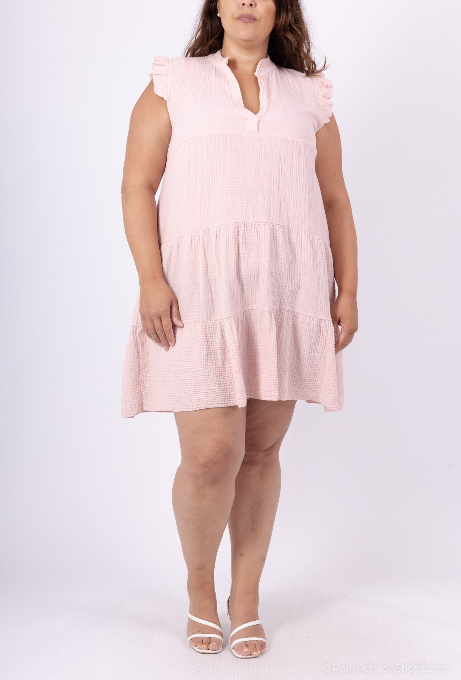Plus Size Short dress with shirt collar in double cotton gauze size 38 to 48