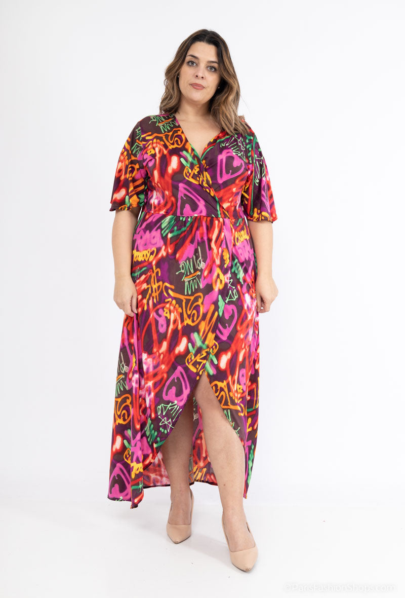 Plus Size Printed dress Irregular V-neckline Tightening at the waist