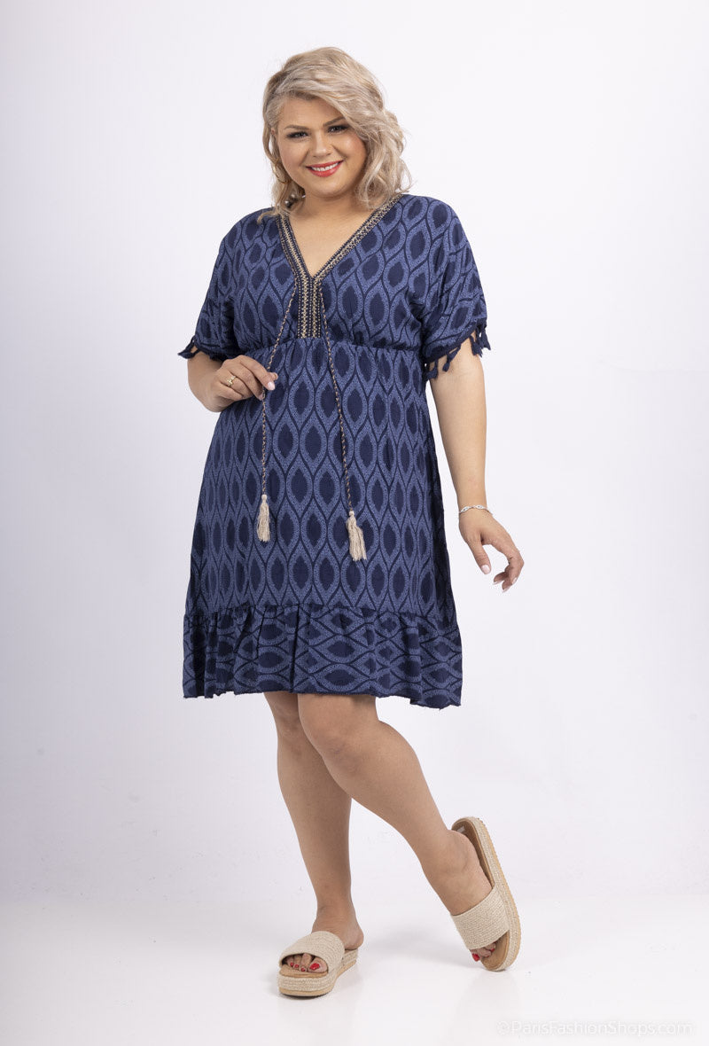 Plus Size Short printed dress with embroidery and pompoms