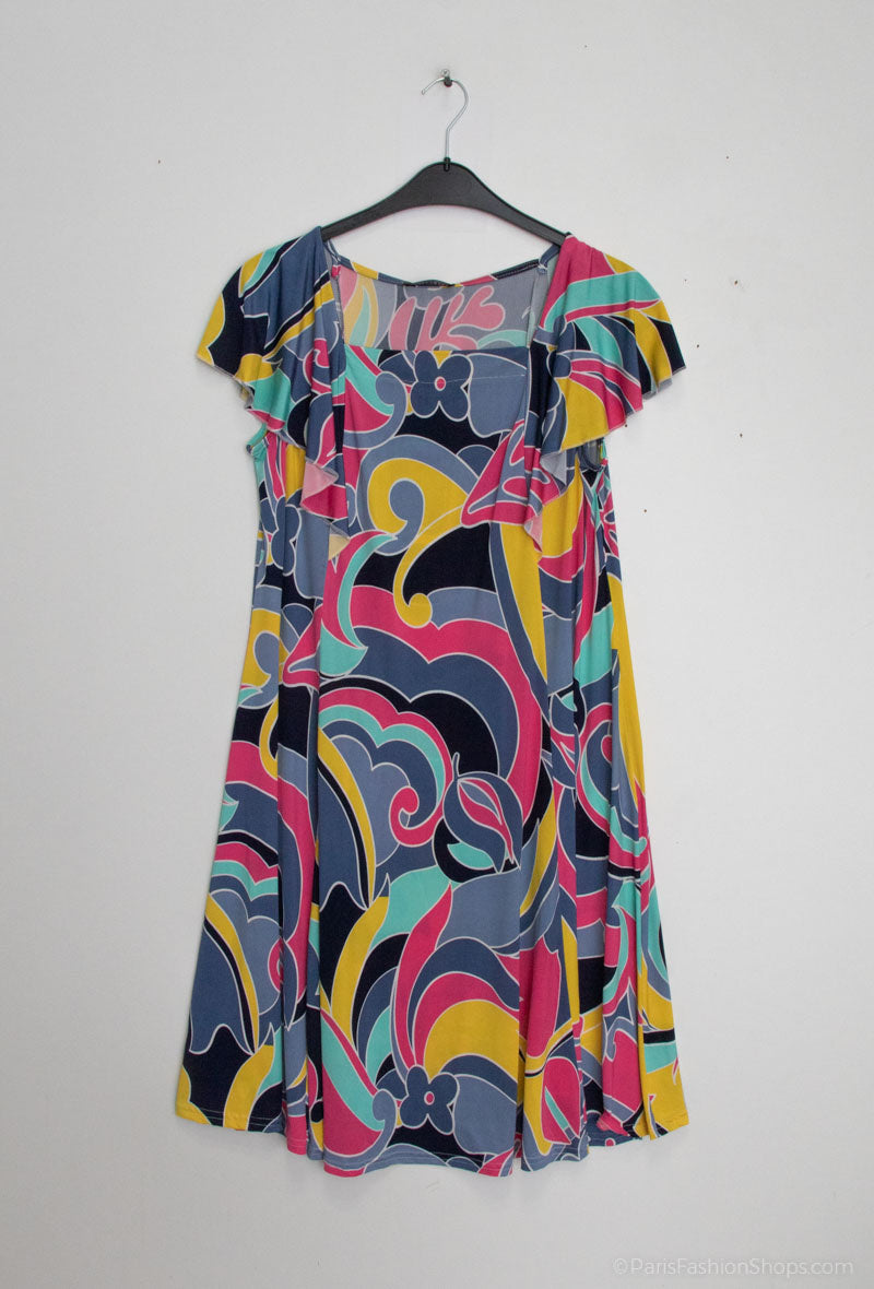 Flared Printed Dress with Ruffle Sleeves i Stor Storlek