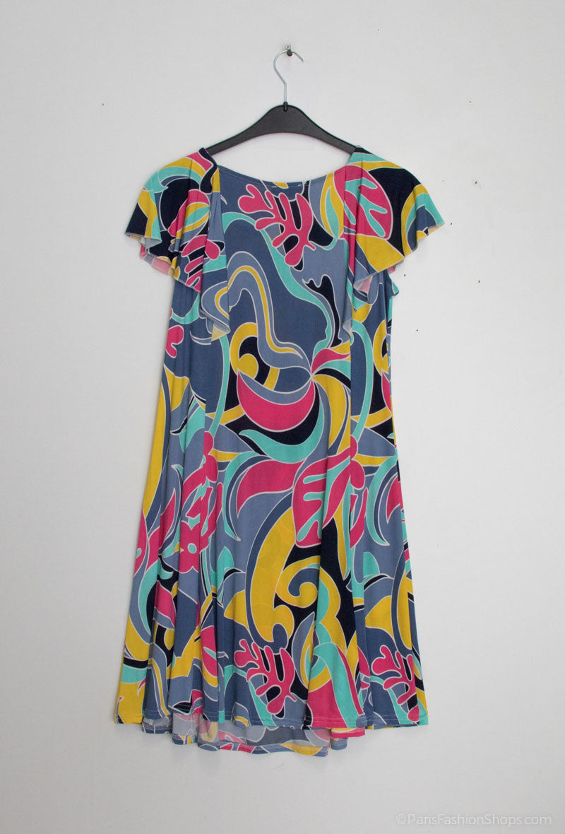 Flared Printed Dress with Ruffle Sleeves i Stor Storlek
