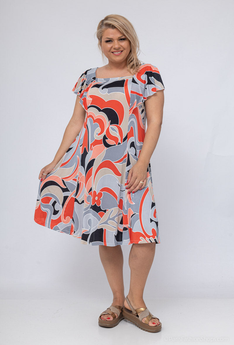 Flared Printed Dress with Ruffle Sleeves i Stor Storlek