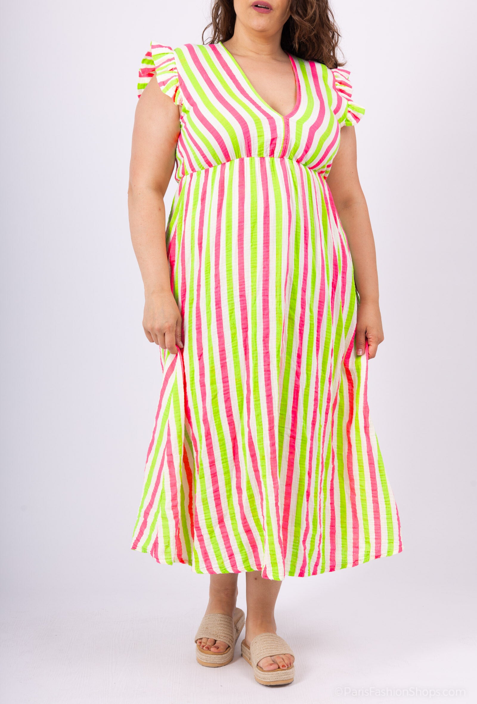 Plus Size Long v -neck dress with ties with fluorescent stripes T38 to T44