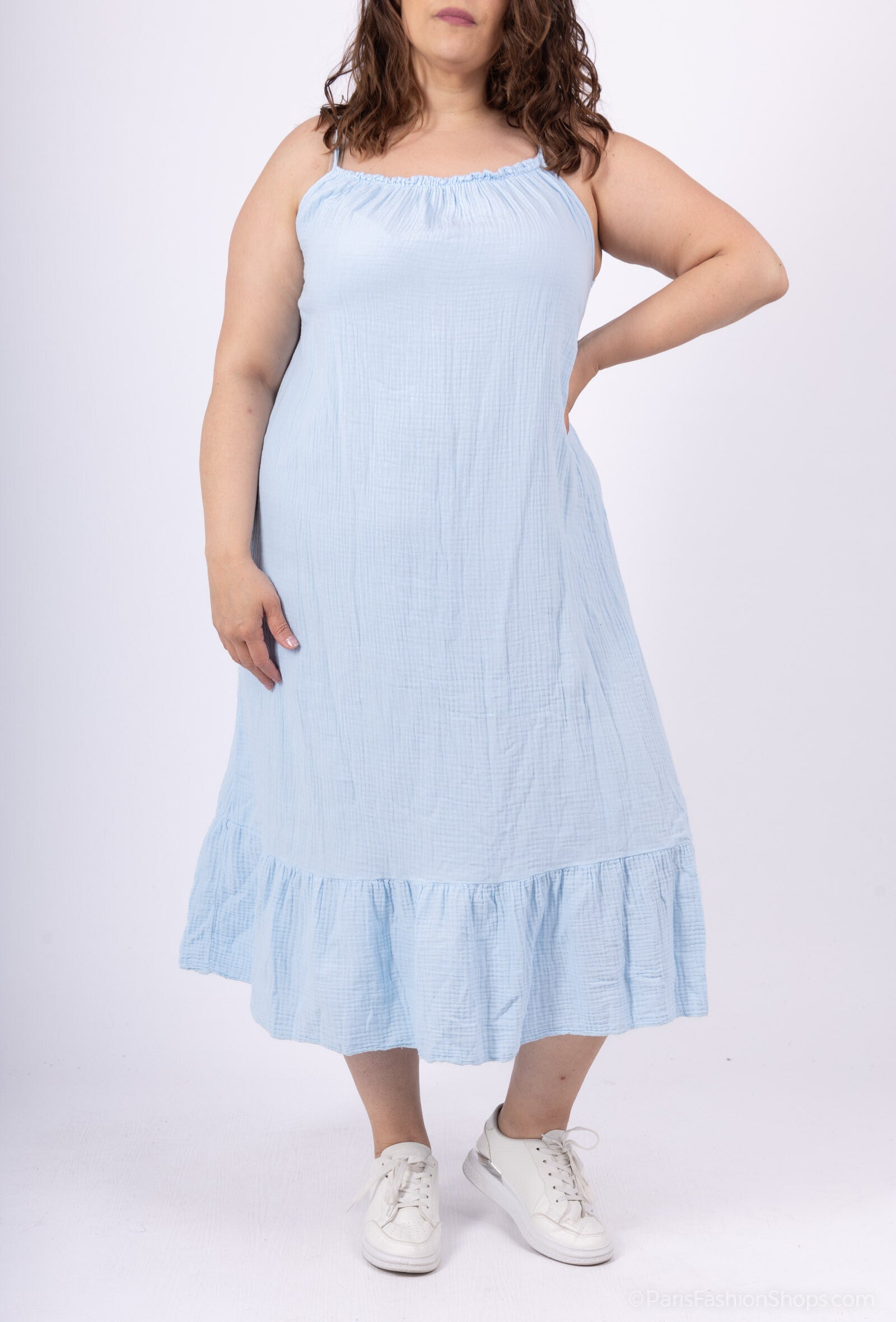 Lång dubbel bomullsgaze klänning med fina axelremmar T40 till T52 i Stor Storlek