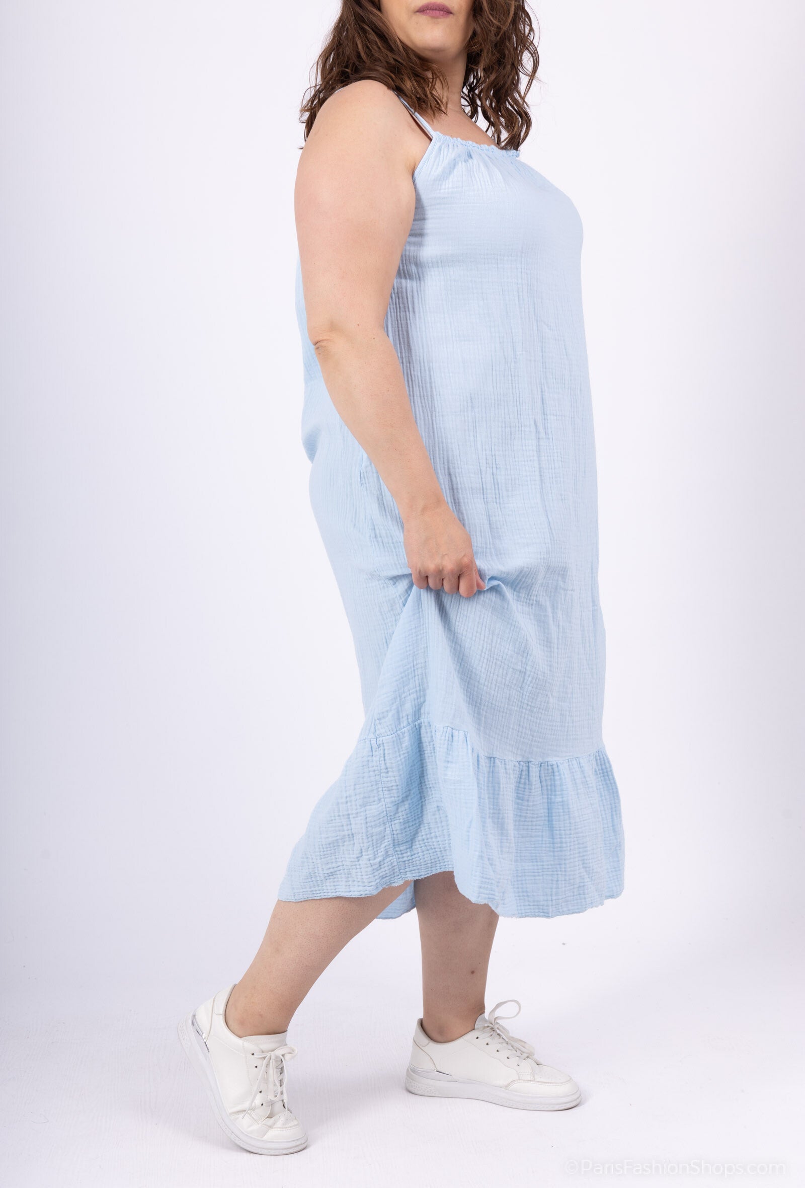 Lång dubbel bomullsgaze klänning med fina axelremmar T40 till T52 i Stor Storlek