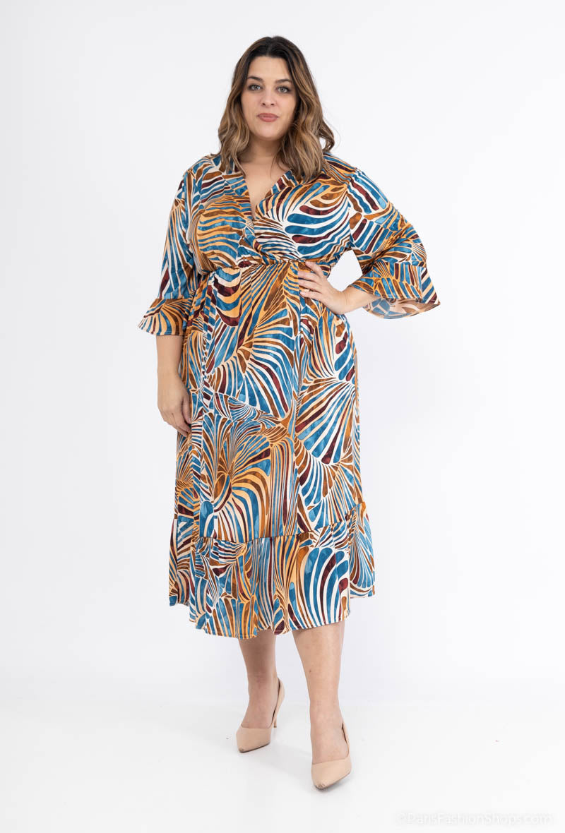 Plus Size Flared sleeve print trapeze dress with ruffles