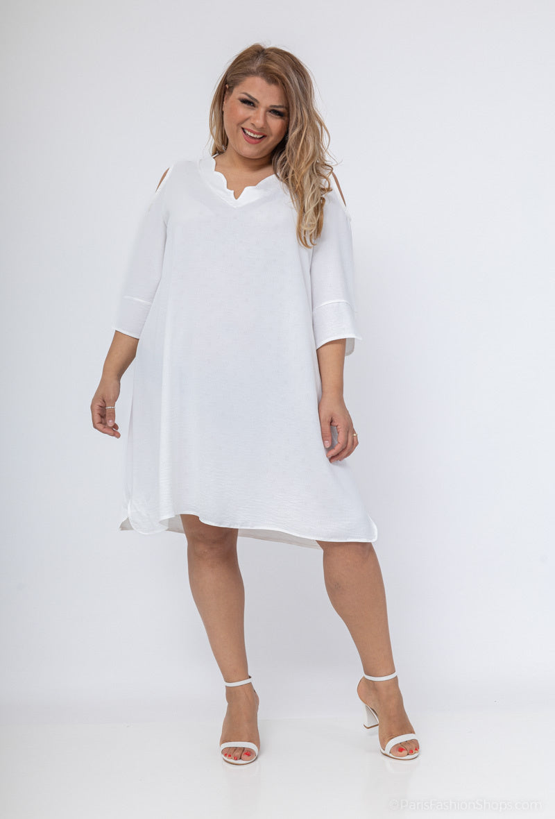 Scalloped Collar Off-Shoulder Sleeve Tunic Dress i Stor Storlek