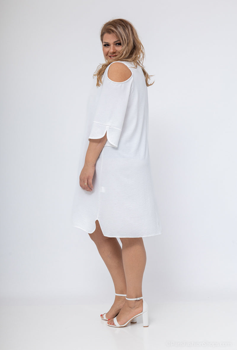 Scalloped Collar Off-Shoulder Sleeve Tunic Dress i Stor Storlek