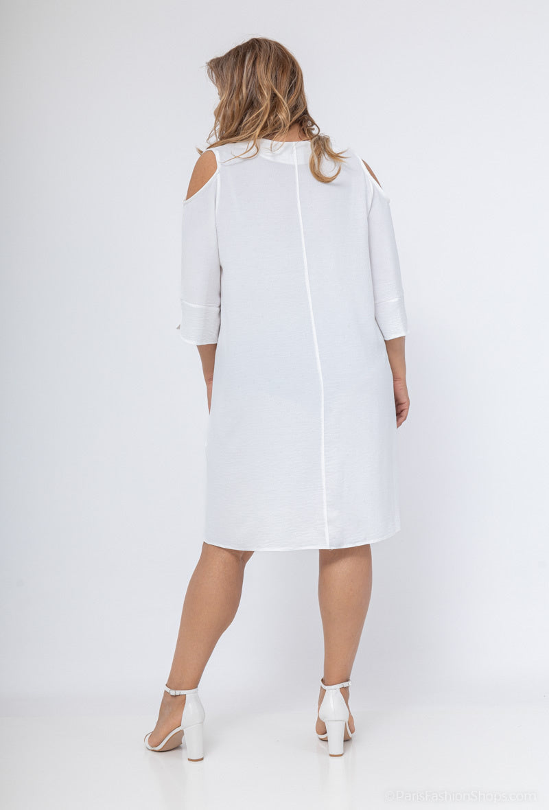 Scalloped Collar Off-Shoulder Sleeve Tunic Dress i Stor Storlek