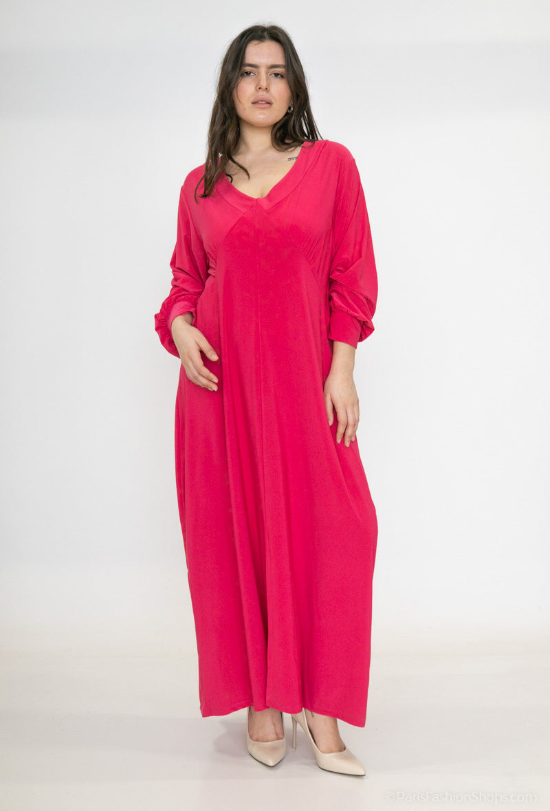 Plain v-neck dress with puff sleeves i Stor Storlek