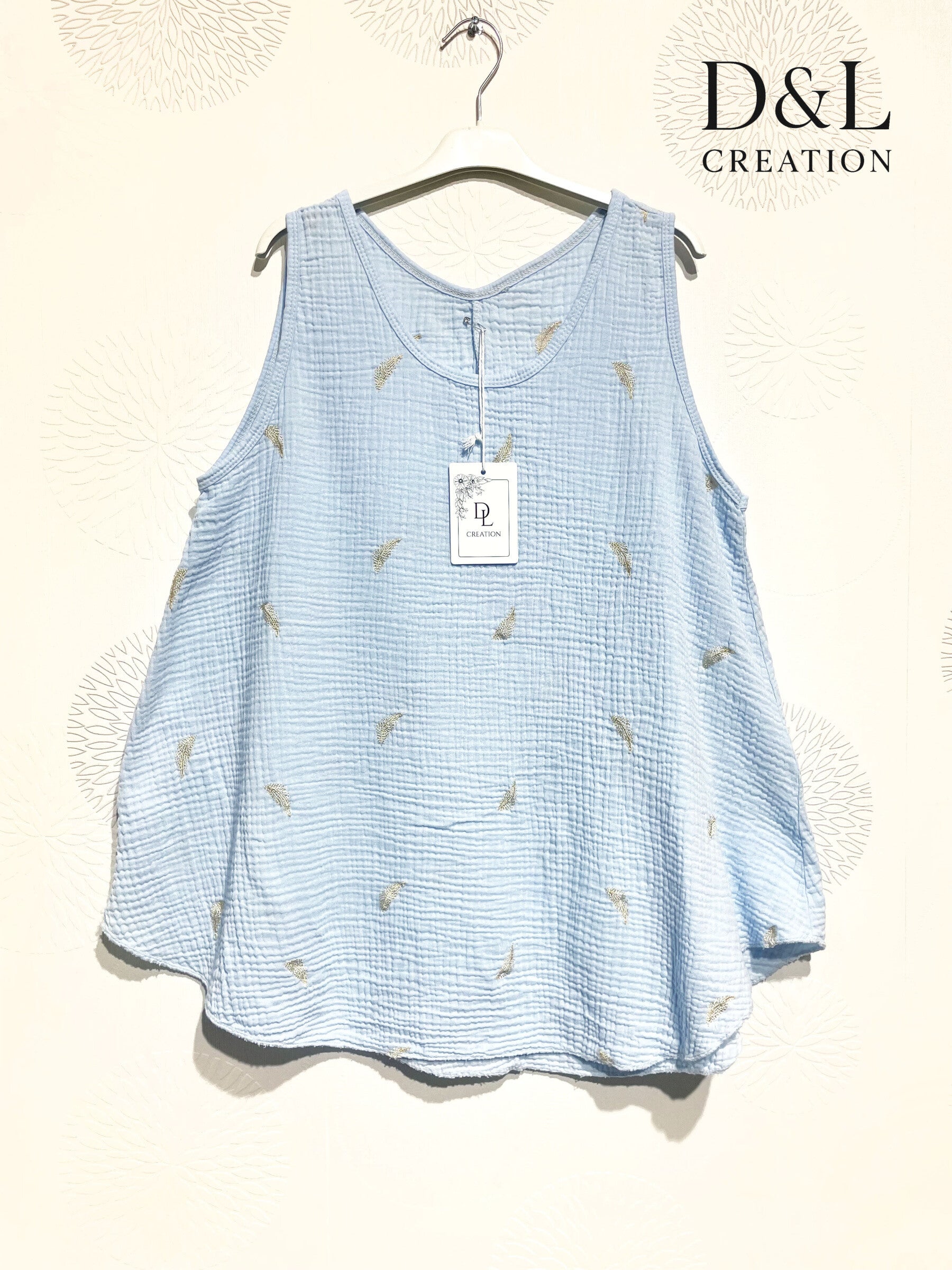 Plus Size Double cotton gauze top with feather embroidery size 38 to 48