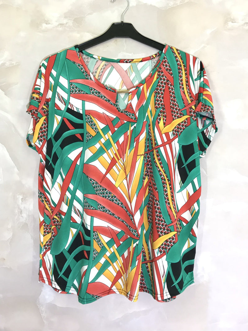 Plus Size Kortärmad Topp med Tryck och Accessoar