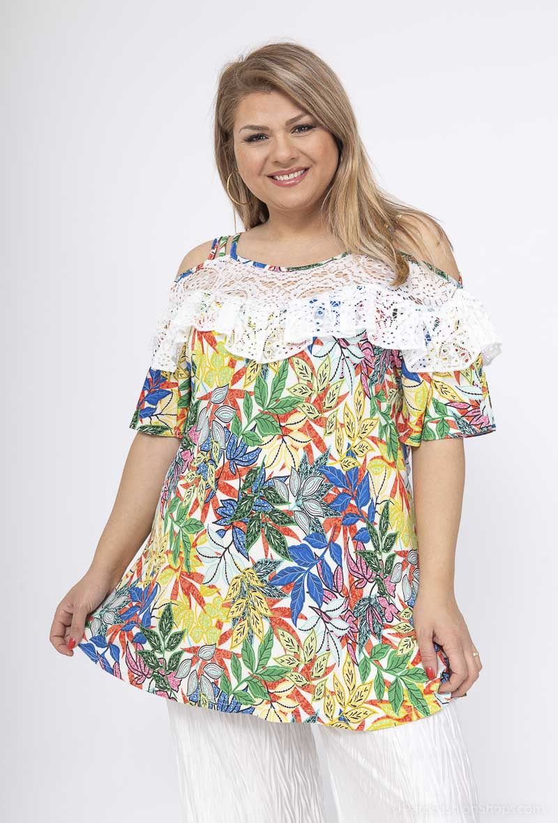 Plus Size Off-shoulder lace print ruffle top