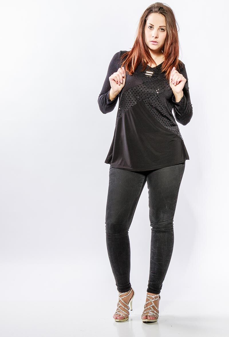 Bi-material shiny tunic i Stor Storlek