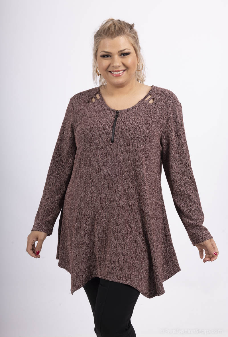 Plus Size Rundhalsad Tunika med Dragkedja och Paljetter