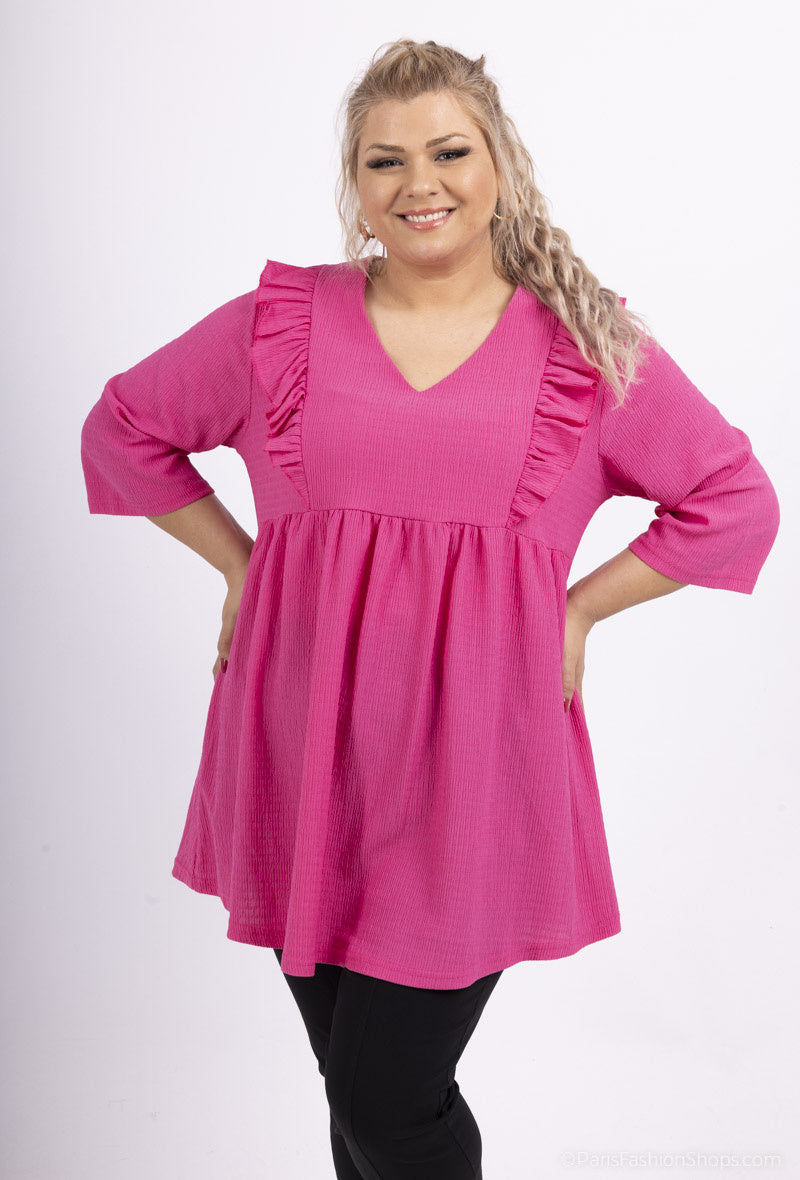 Ruffled Pleated V-Neck Tunic i Stor Storlek