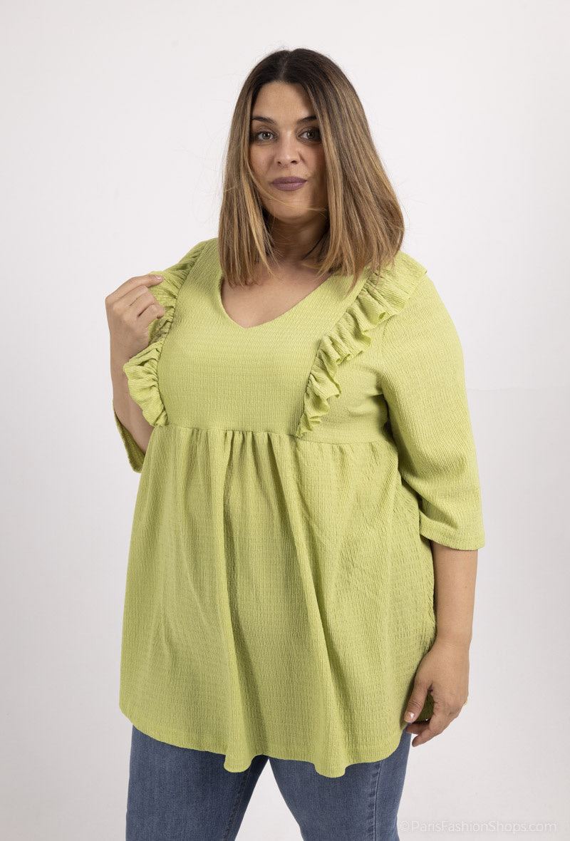 Ruffled Pleated V-Neck Tunic i Stor Storlek