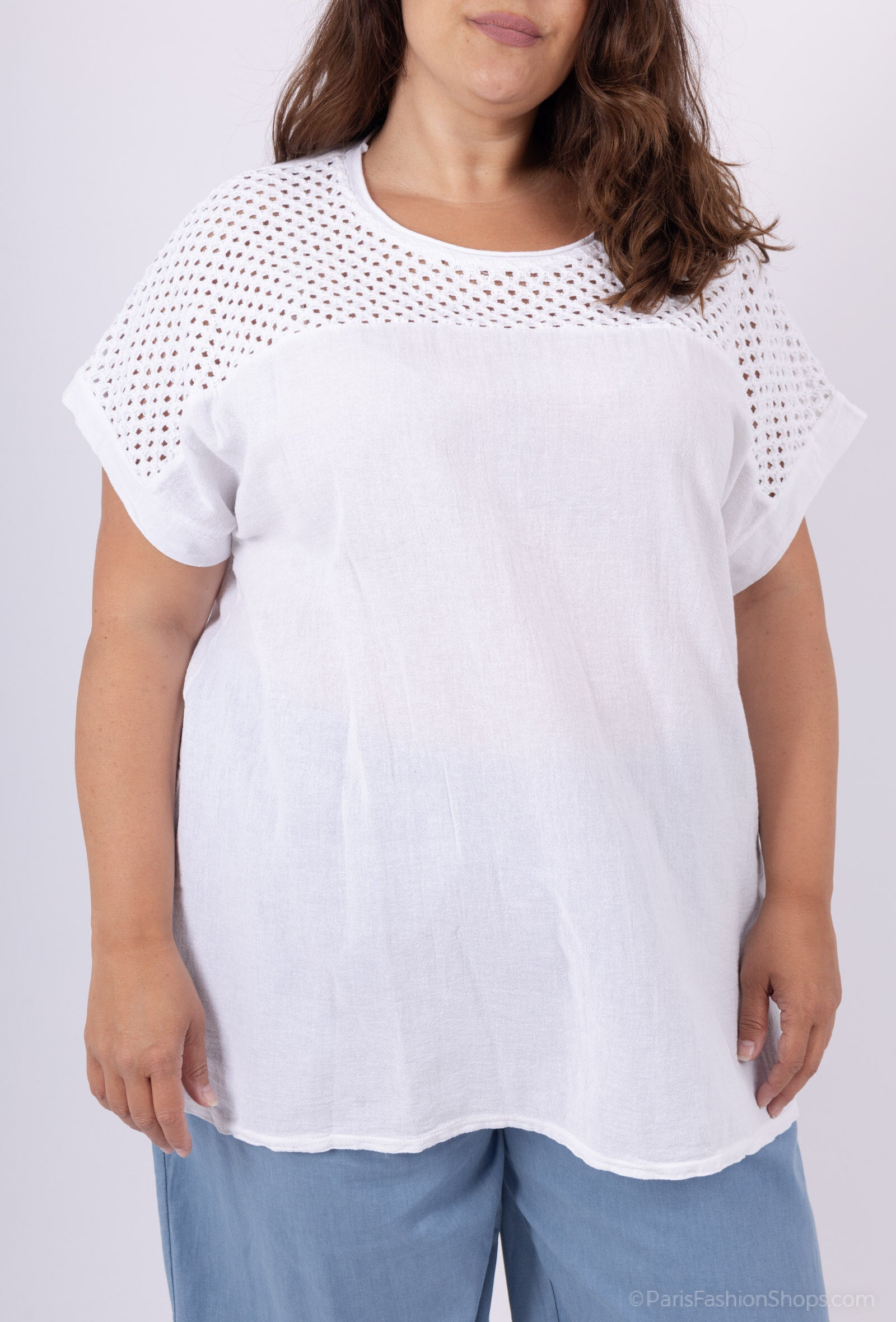 Plus Size Cotton-linen tunic with openwork top