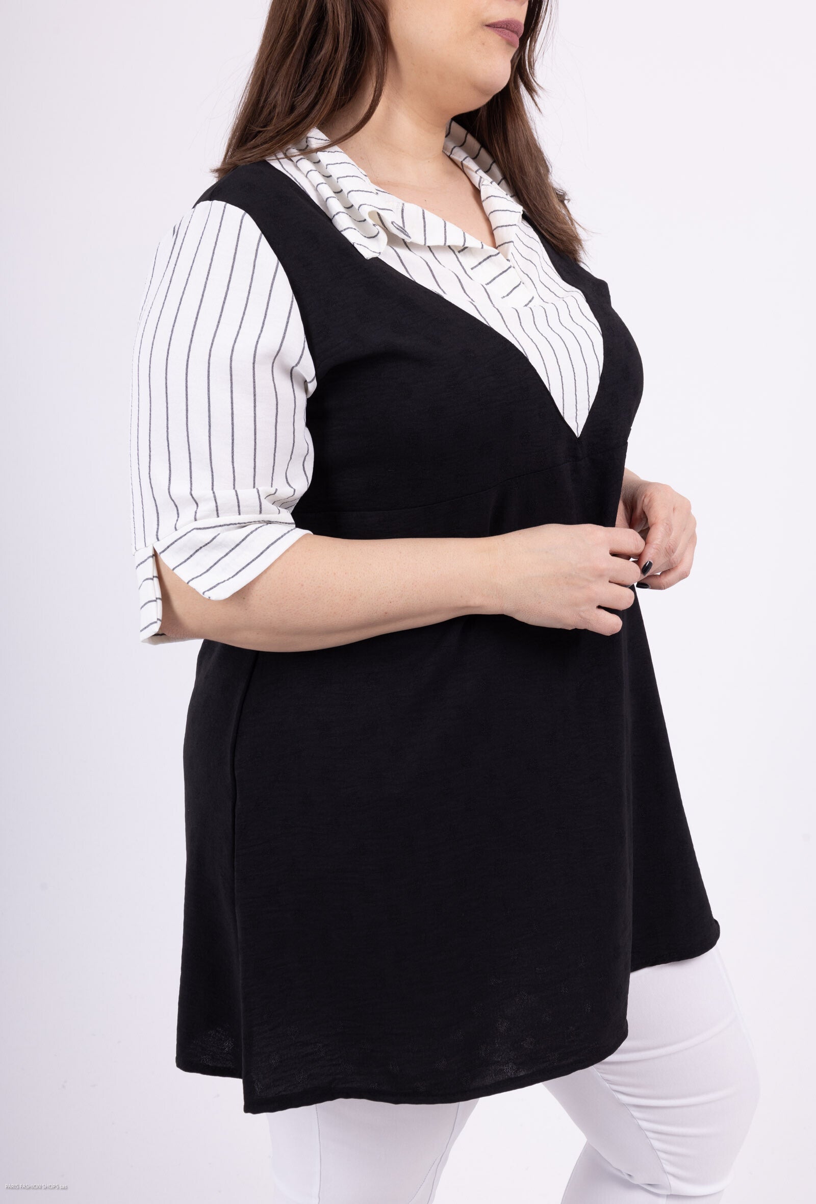 Falsk tvådelad randig tunika med united i plus size