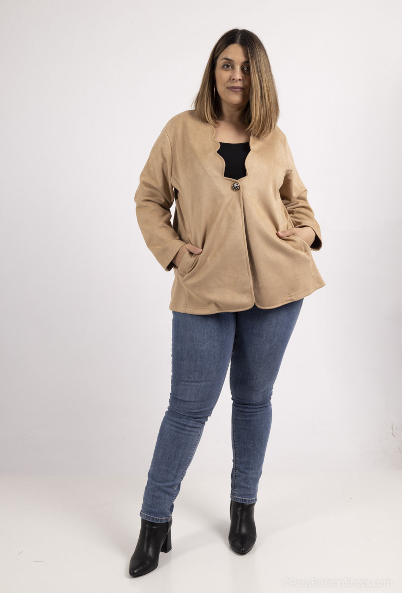 Suede-look jacket with half-circle neckline i Stor Storlek