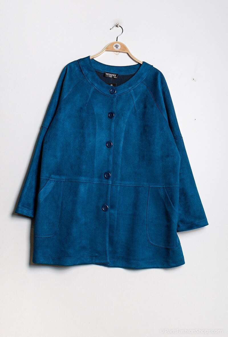 Faux Suede Jacket med Sömmar i Stor Storlek