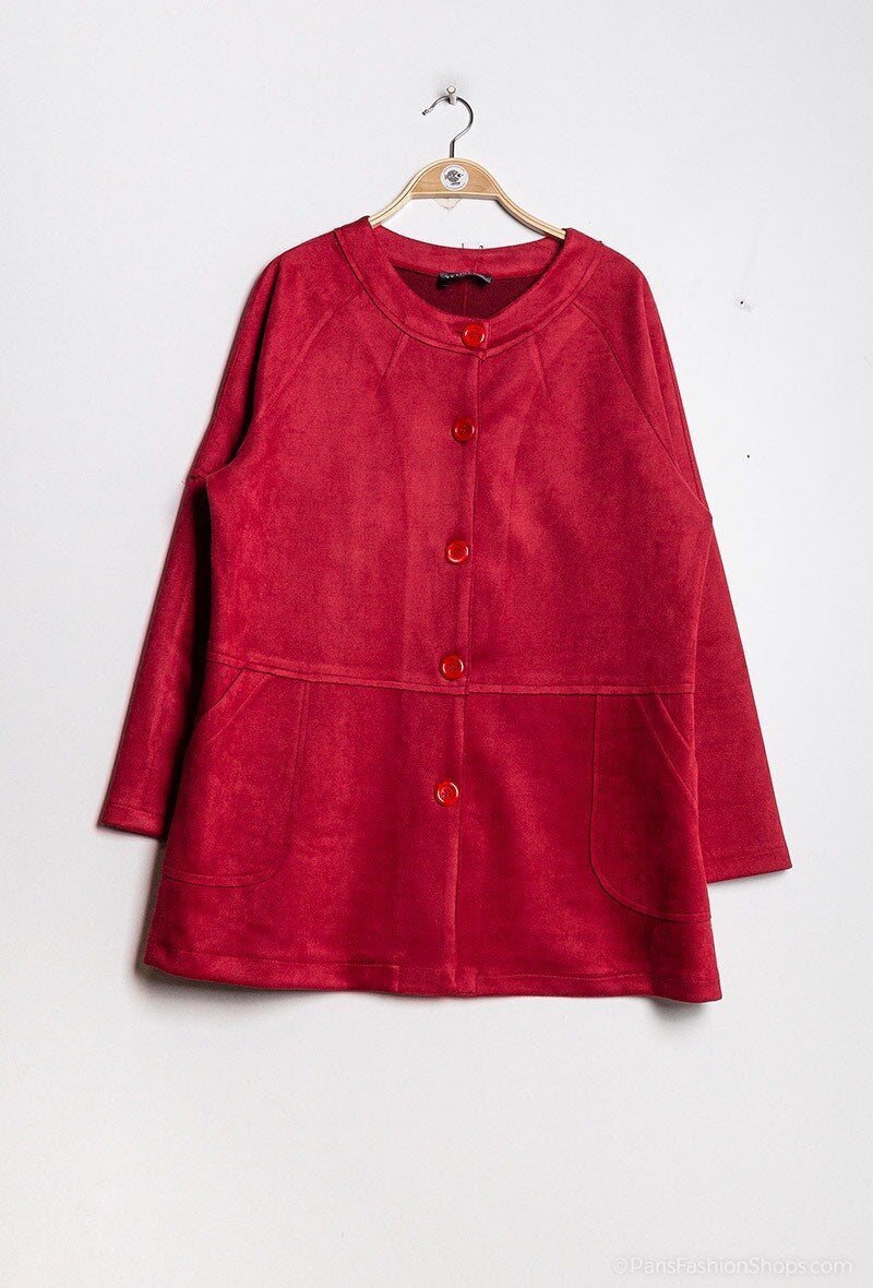 Faux Suede Jacket med Sömmar i Stor Storlek