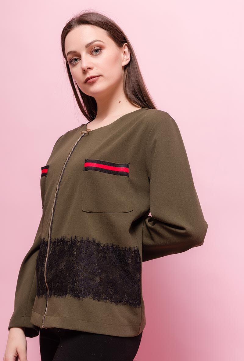 Stretch jacket with applied lace i Stor Storlek