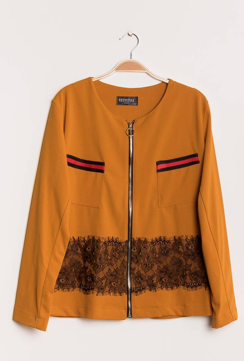 Stretch jacket with applied lace i Stor Storlek