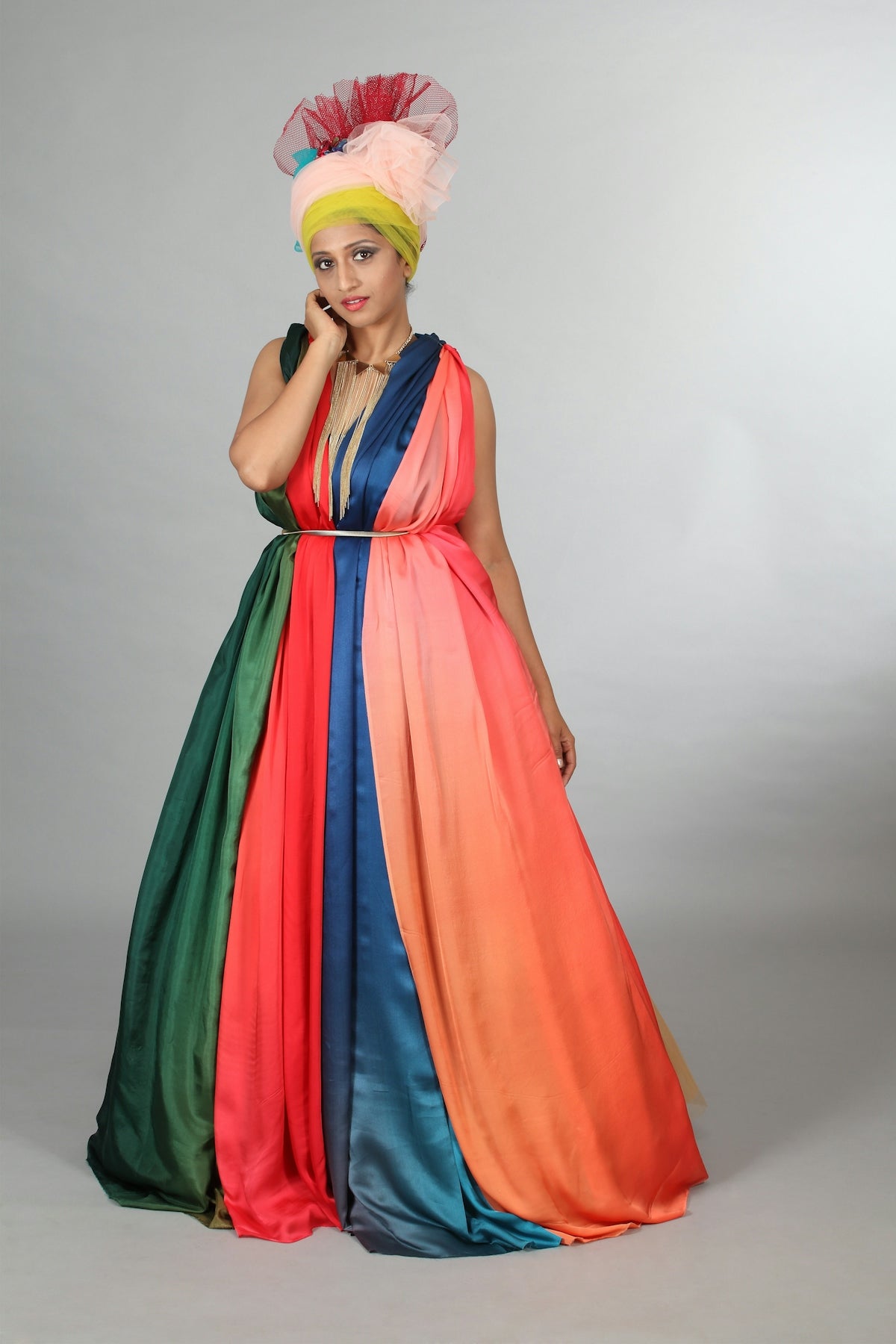 a woman in a colorful dress