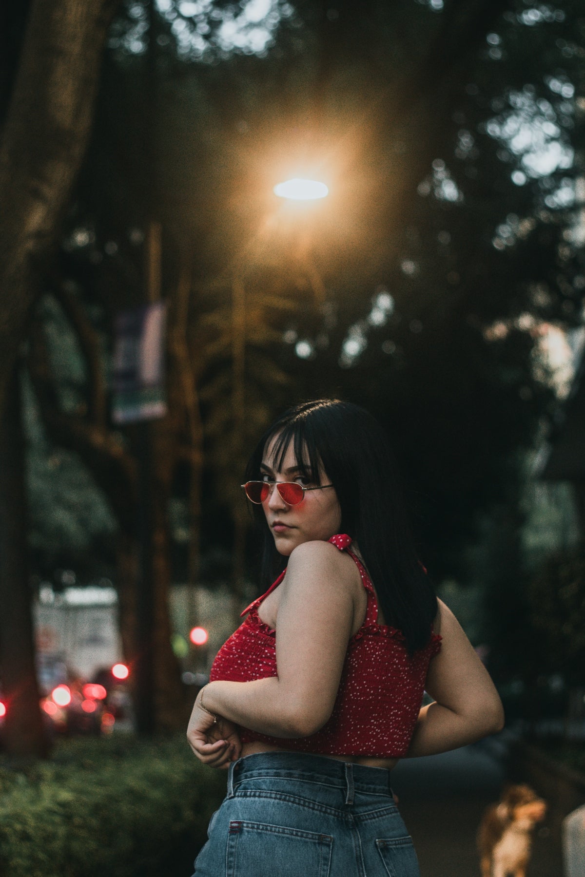 a person wearing red sunglasses