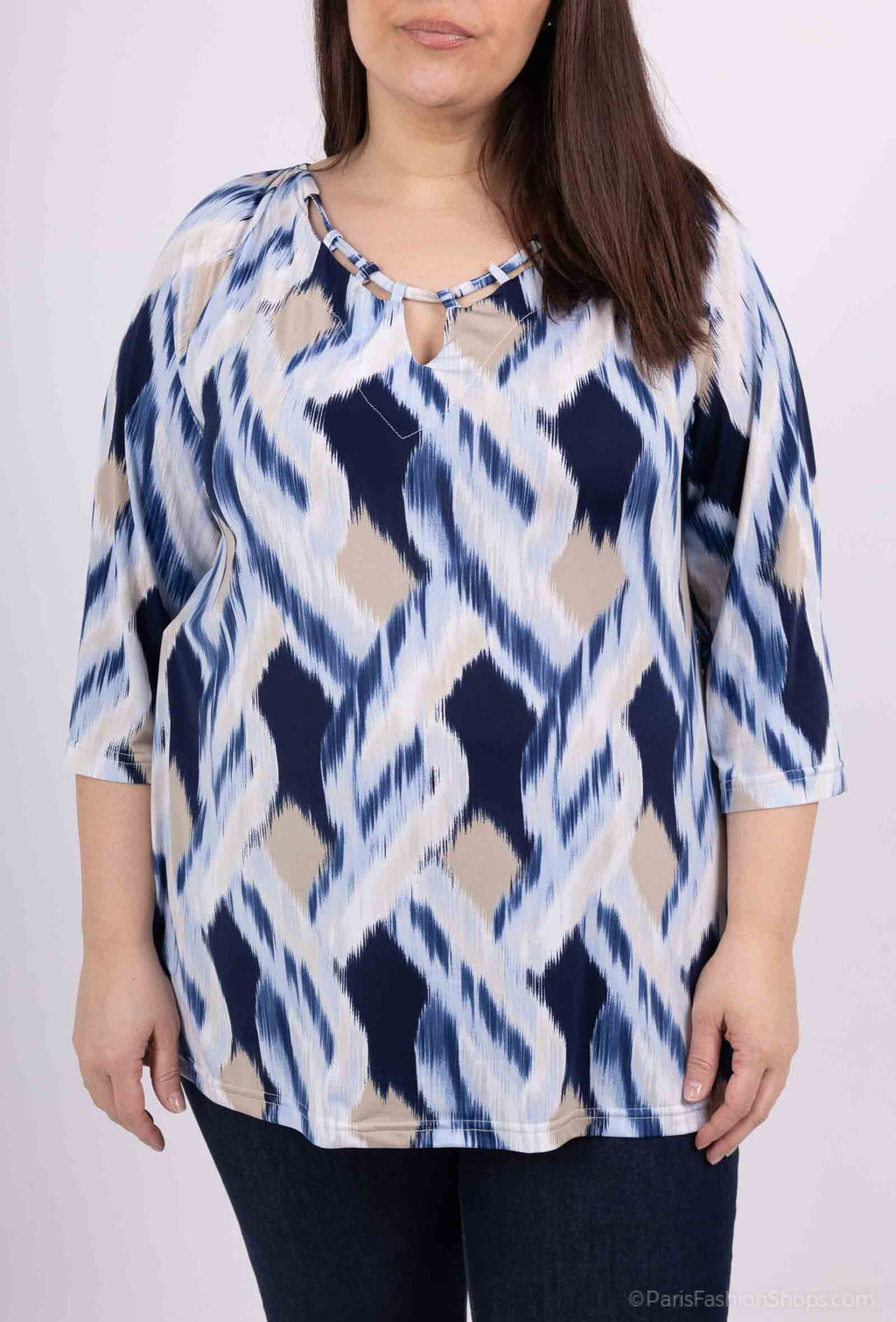 Plus Size Öppen Krage Mönstrad Blus med 3/4 Ärmar
