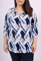 Plus Size Öppen Krage Mönstrad Blus med 3/4 Ärmar