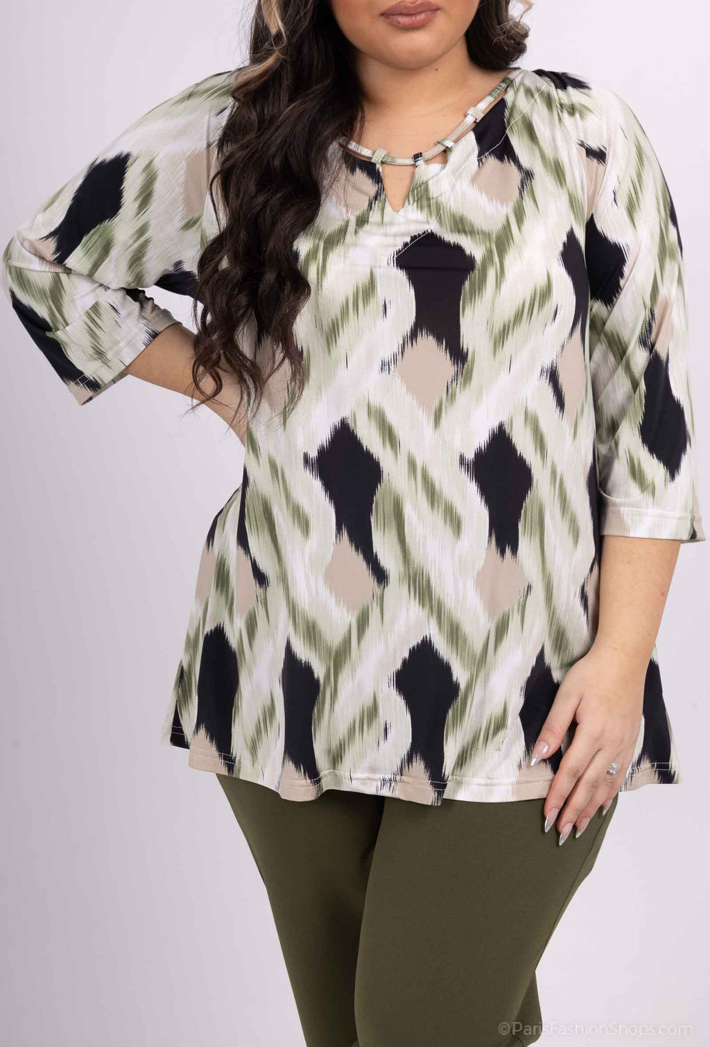 Plus Size Öppen Krage Mönstrad Blus med 3/4 Ärmar