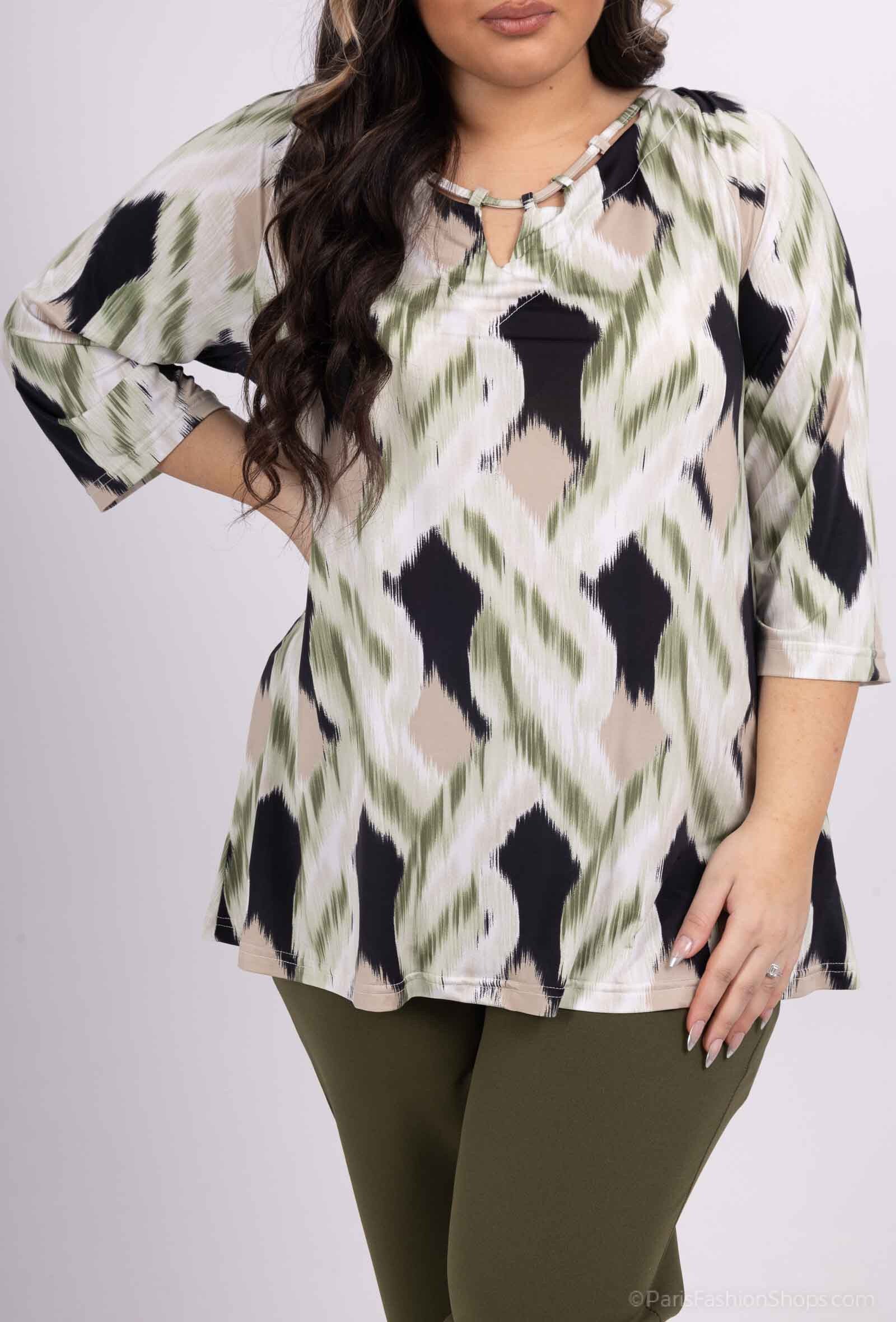 Plus Size Öppen Krage Mönstrad Blus med 3/4 Ärmar