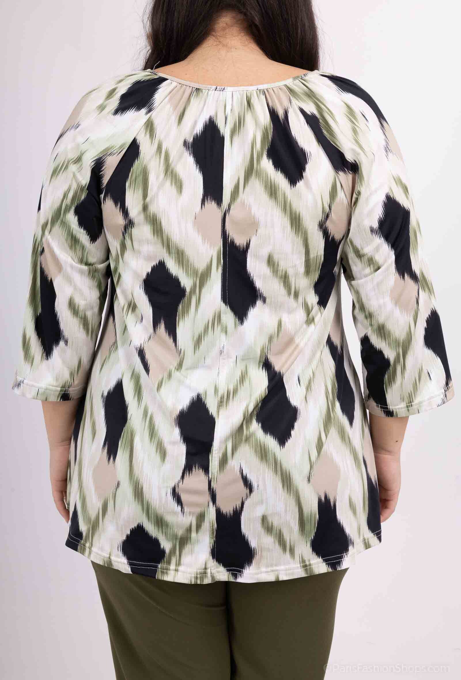 Plus Size Öppen Krage Mönstrad Blus med 3/4 Ärmar