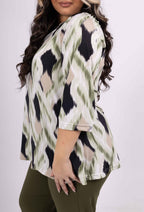 Plus Size Öppen Krage Mönstrad Blus med 3/4 Ärmar