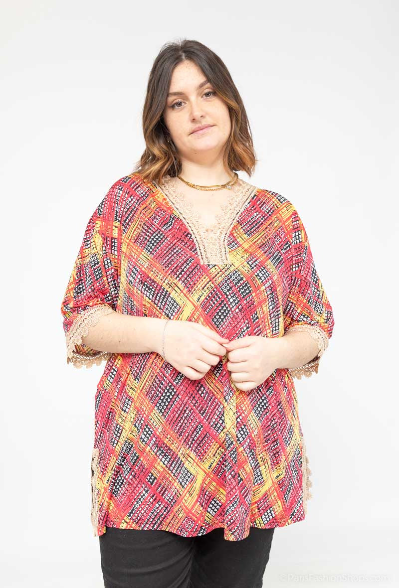 Plus Size Kortärmad Blus med Spetsmönster