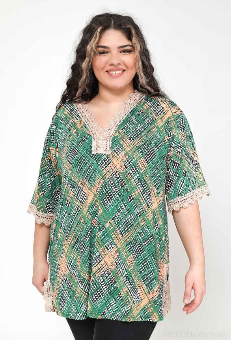 Plus Size Kortärmad Blus med Spetsmönster