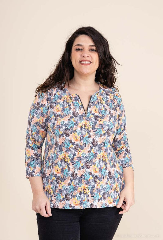Plus Size Printed Blouse with Front Zip