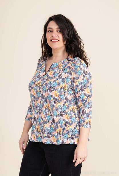 Plus Size Printed Blouse with Front Zip